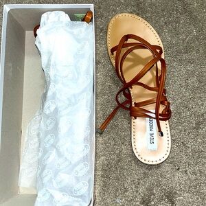 Cognac lace up real leather flat sandals